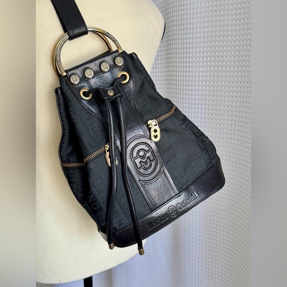 Y2K Marino Orlandi all over logo‎ black vintage leather sling bag